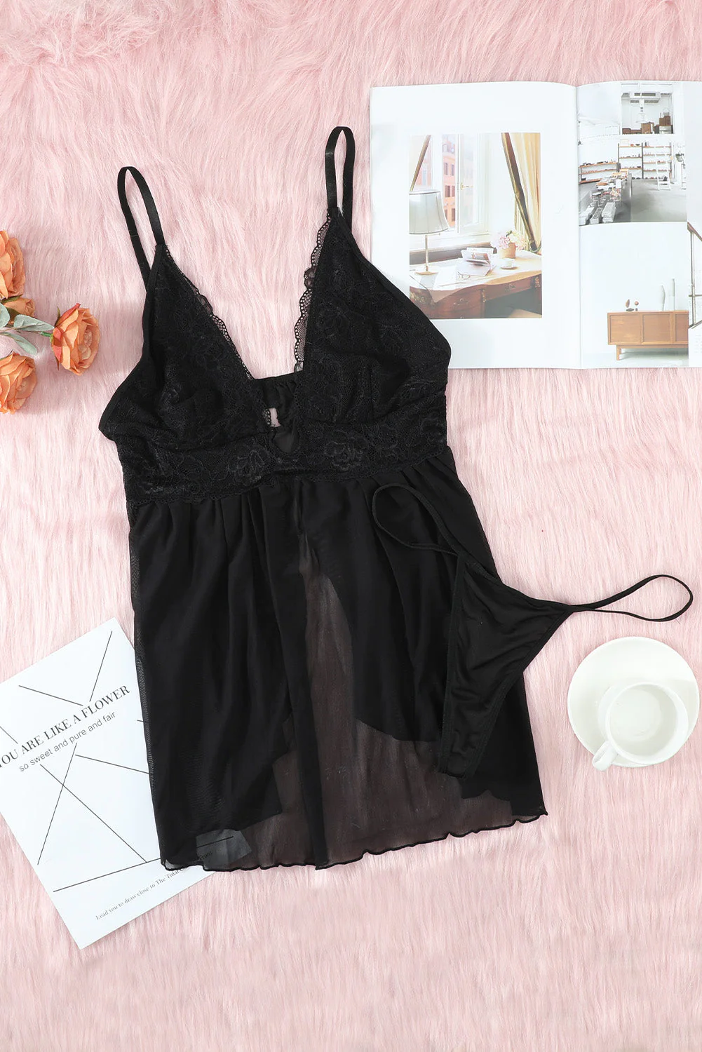 Black Lace Cups Tulle Babydoll Set - Image 9