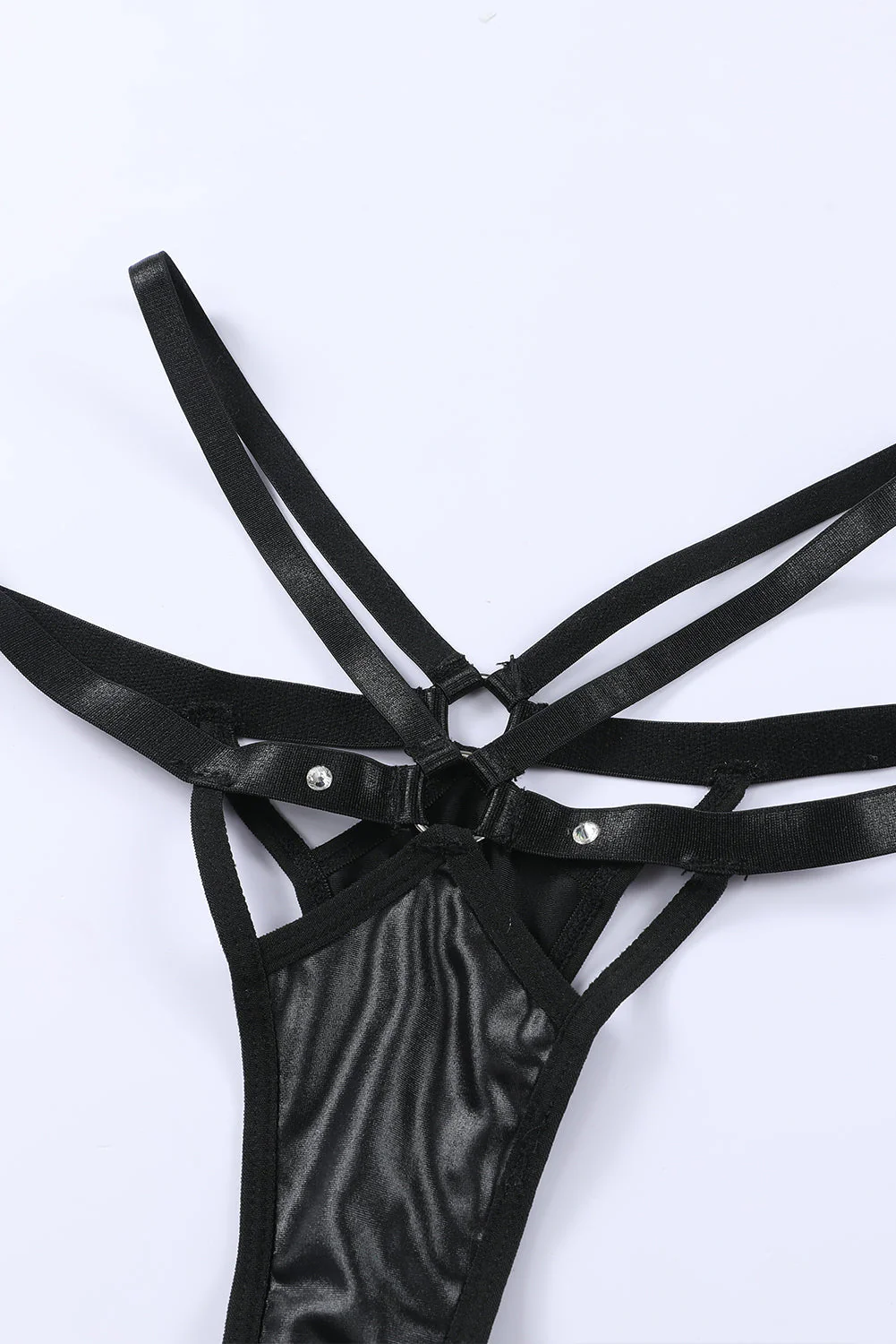 Black Leather Strappy Bra And Thong Lingerie Set - Image 8
