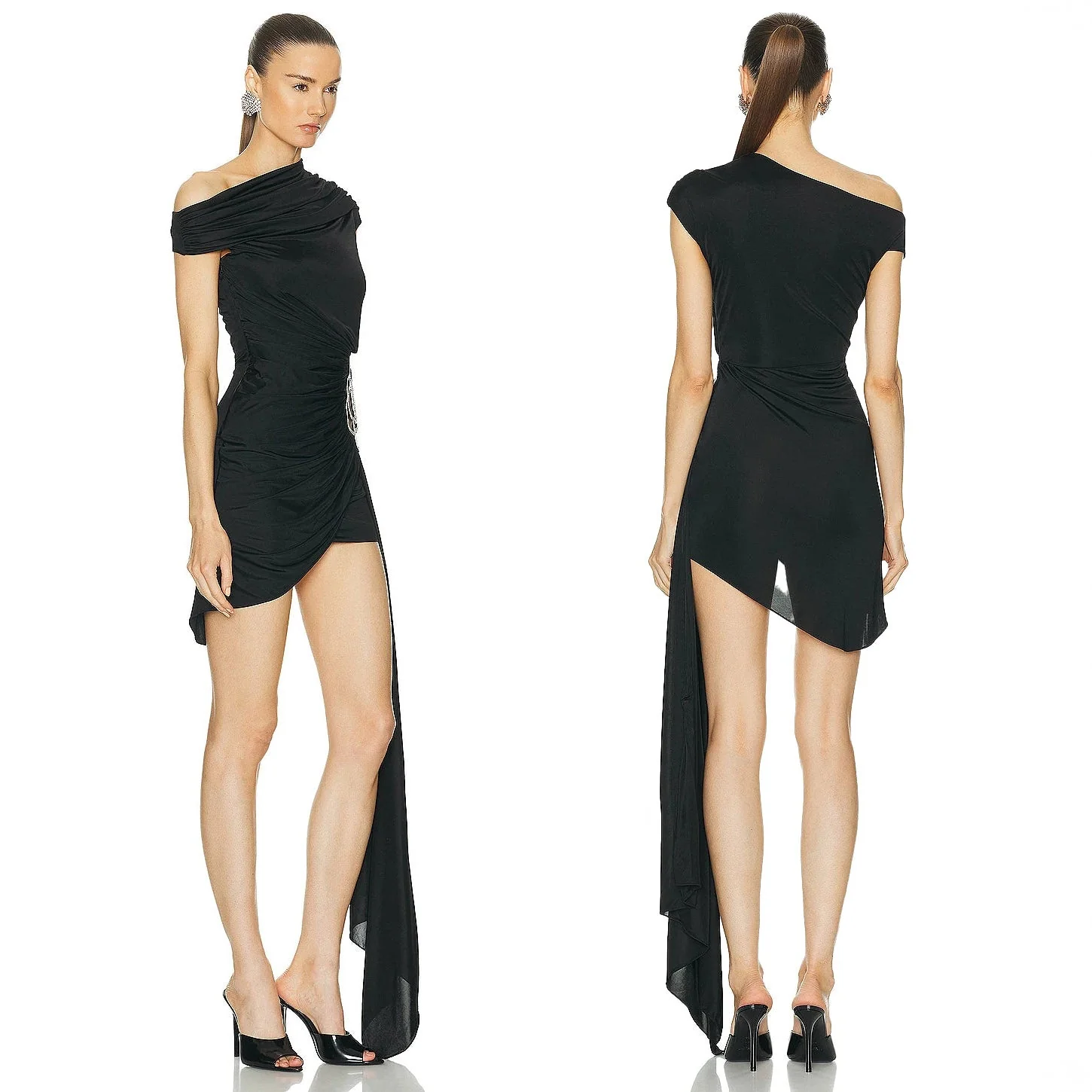 ONE SHOULDER Black Mini Dress with SIDE TRAIN - Image 2