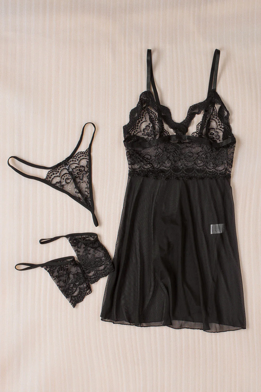 Black Spaghetti Strap Mesh Lace Babydoll Set - Image 11