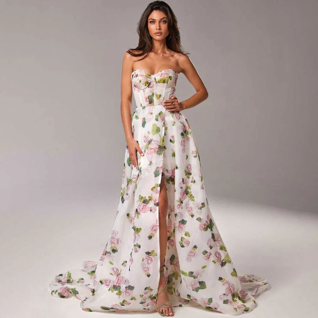 Bloom Floral Printed Sweetheart Corset Strapless Lace Up Split Maxi Evening Dress - Image 6