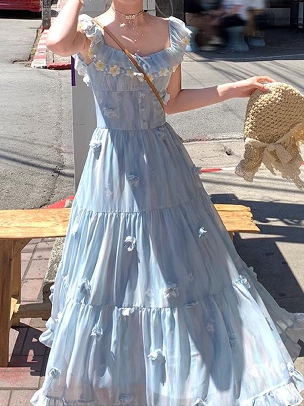 Blue Chiffon Printed Small Flying Sleeve Dress - Image 2