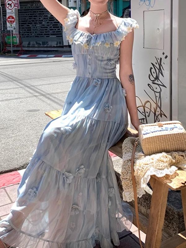 Blue Chiffon Printed Small Flying Sleeve Dress - Image 5