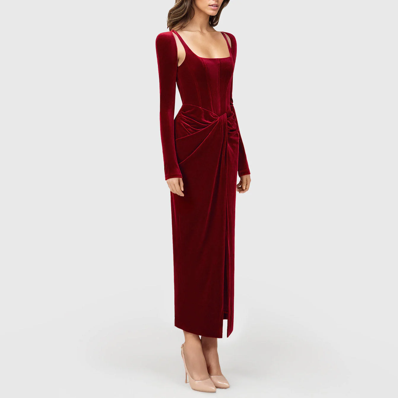 DARK RED MIDI Dress with CORSET Long SleeveS and FRONT SLIT - Image 3