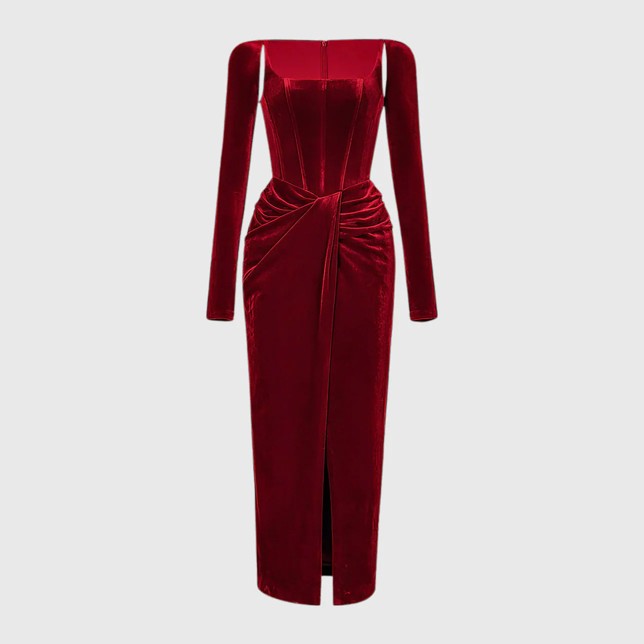 DARK RED MIDI Dress with CORSET Long SleeveS and FRONT SLIT - Image 4
