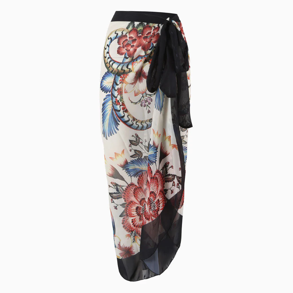 Bohemain Print High Waist Bow Tie Chiffon Maxi Wrap Sarong Cover Up - Image 2