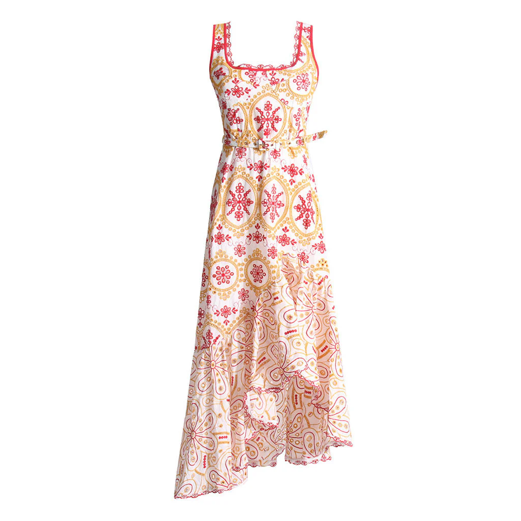 Bohemian Floral Broderie Anglaise Asymmetric Hem Square Neck Belted Midi SunDress - Image 2