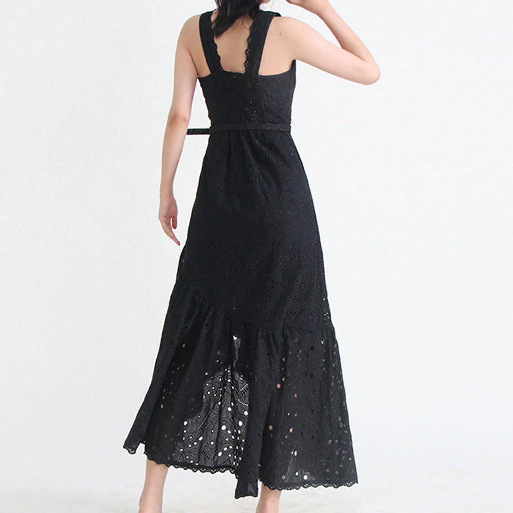 Bohemian Floral Broderie Anglaise Asymmetric Hem Square Neck Belted Midi SunDress - Image 5