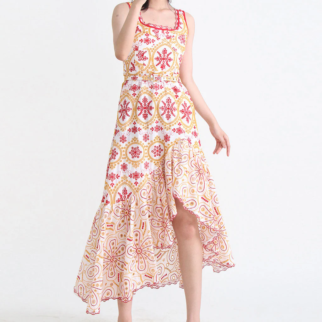 Bohemian Floral Broderie Anglaise Asymmetric Hem Square Neck Belted Midi SunDress - Image 7