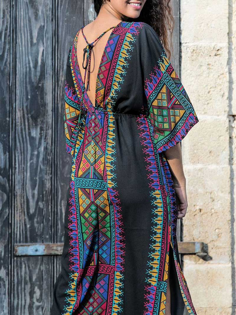 Bohemian Print Cotton Short Sleeves Kaftan Dress - Image 3