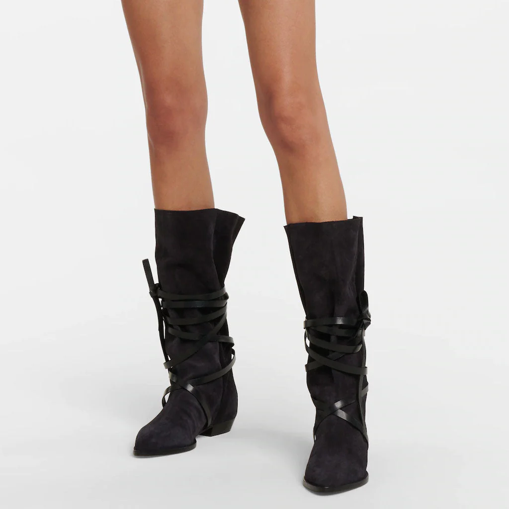 Bohemian Strappy Knee High Pointed Toe Suede Low Block Boots - Black - Image 2