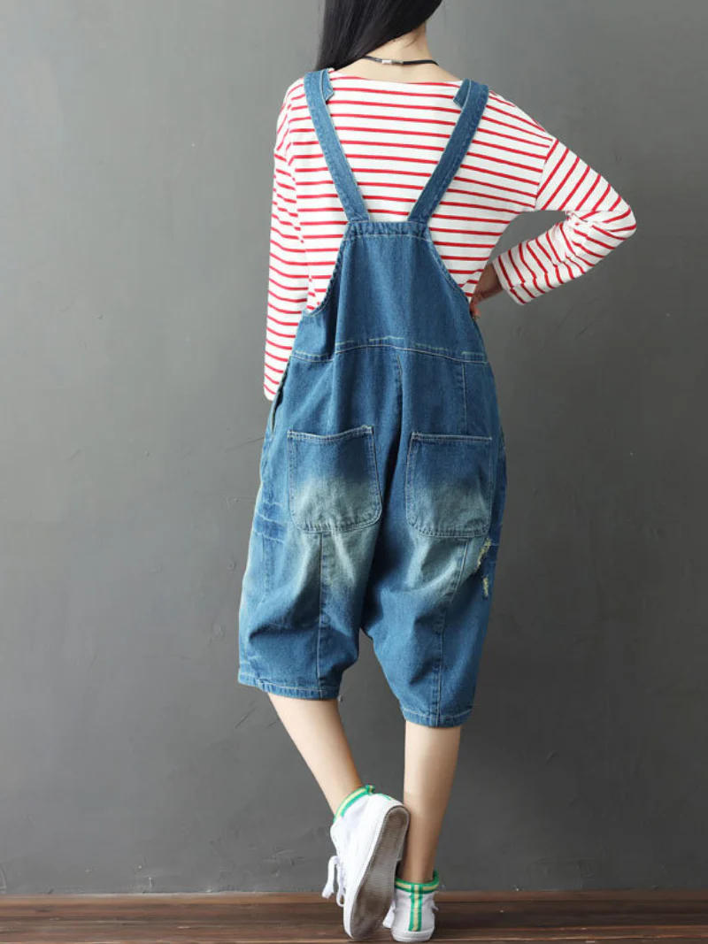 Bohemian Style Short Patch Denim Overalls - Image 3