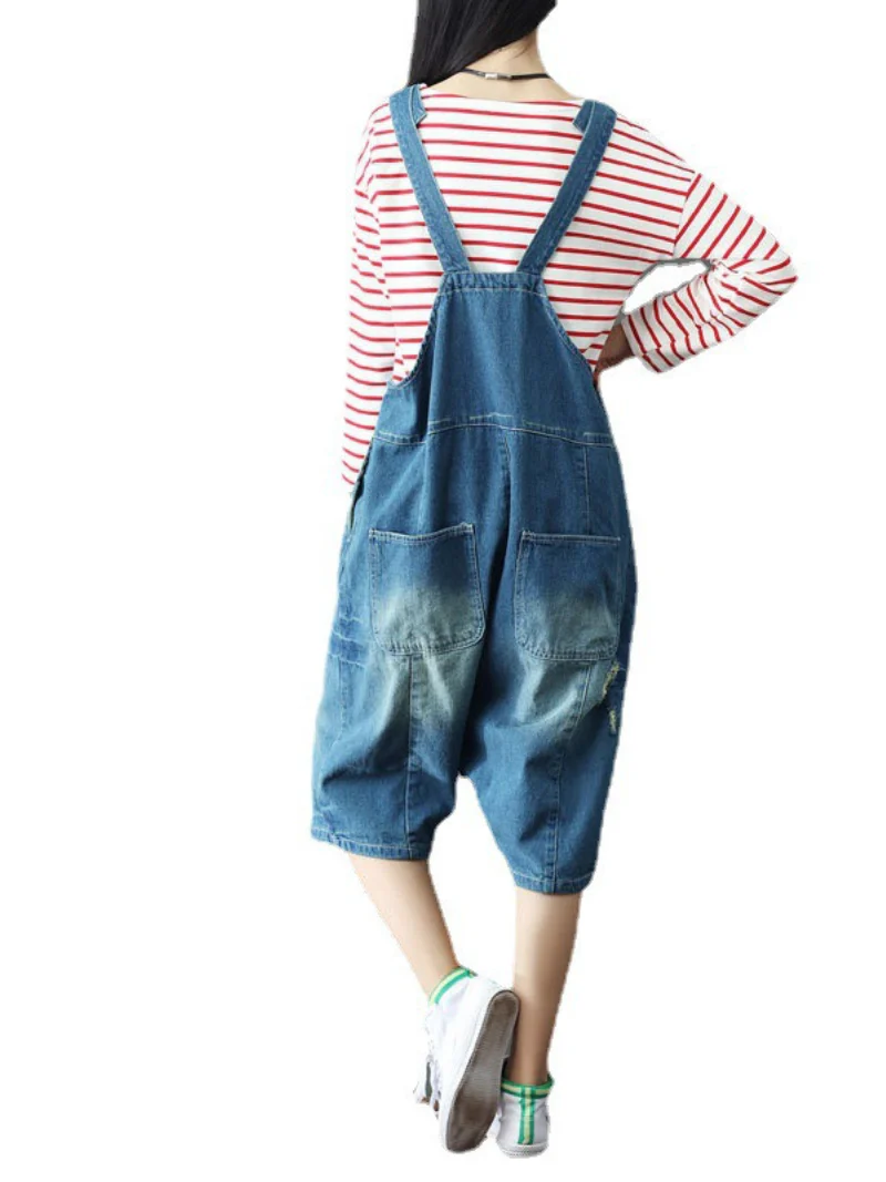 Bohemian Style Short Patch Denim Overalls - Image 4