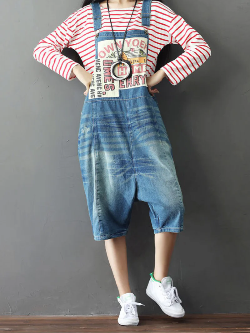 Bohemian Style Short Patch Denim Overalls - Image 5
