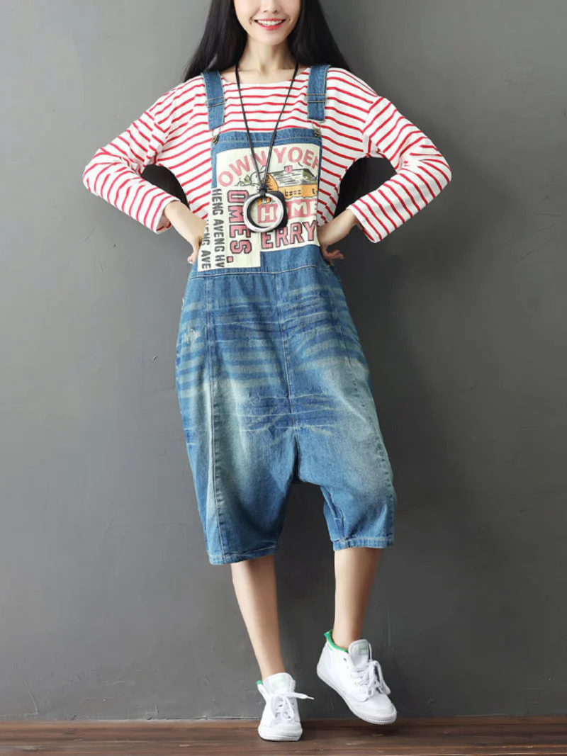 Bohemian Style Short Patch Denim Overalls - Image 8