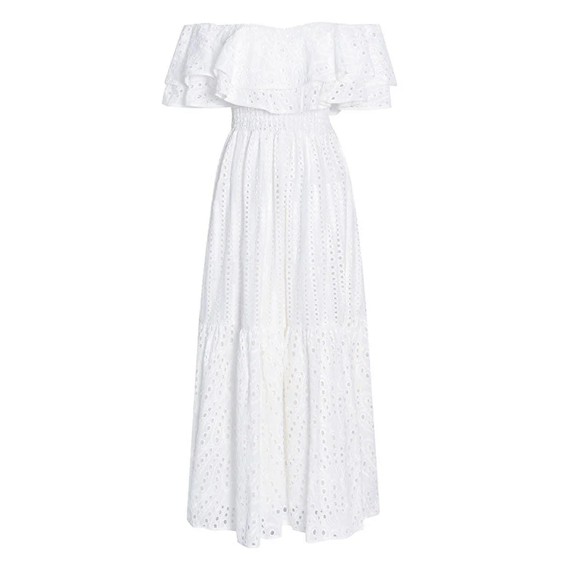 Boho Broderie Anglaise Off the Shoulder Shirred Ruffled Tiered Maxi Dress - Image 2