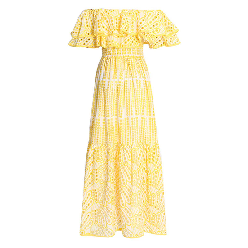 Boho Broderie Anglaise Off the Shoulder Shirred Ruffled Tiered Maxi Dress - Image 4