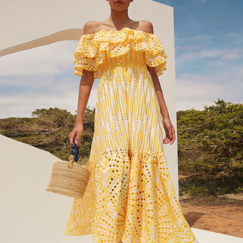 Boho Broderie Anglaise Off the Shoulder Shirred Ruffled Tiered Maxi Dress - Image 5