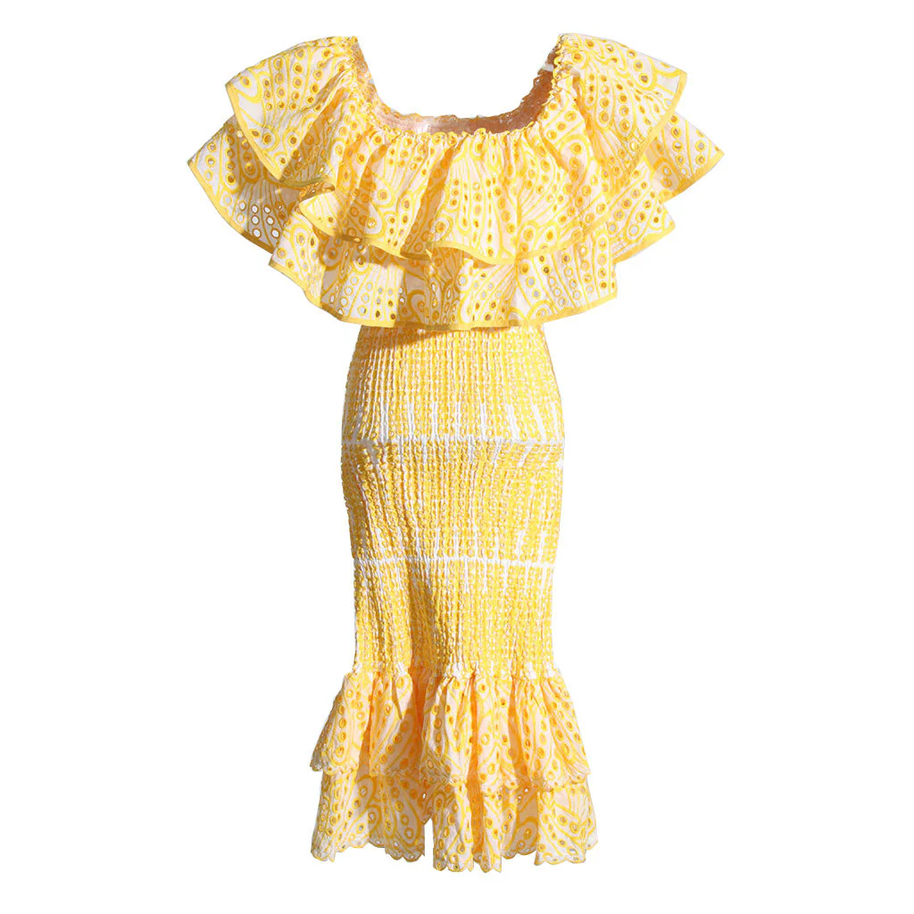 Boho Broderie Anglaise Shirred Detail Ruffled Mermaid Midi Skirt Matching Set - Image 3