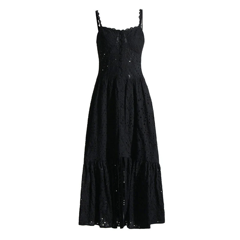 Boho Scalloped Square Neck Cami Button Front Smocked Broderie Anglaise Midi SunDress - Image 2