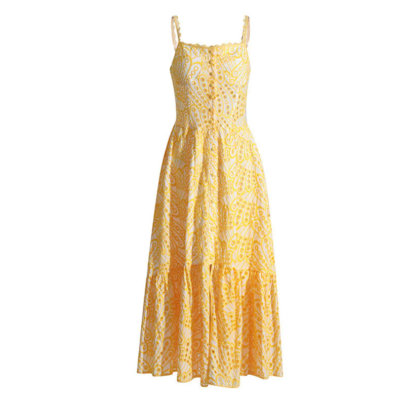 Boho Scalloped Square Neck Cami Button Front Smocked Broderie Anglaise Midi SunDress - Image 4
