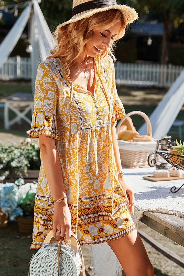 Boho Short Sleeve Floral Mini Dress - Image 3