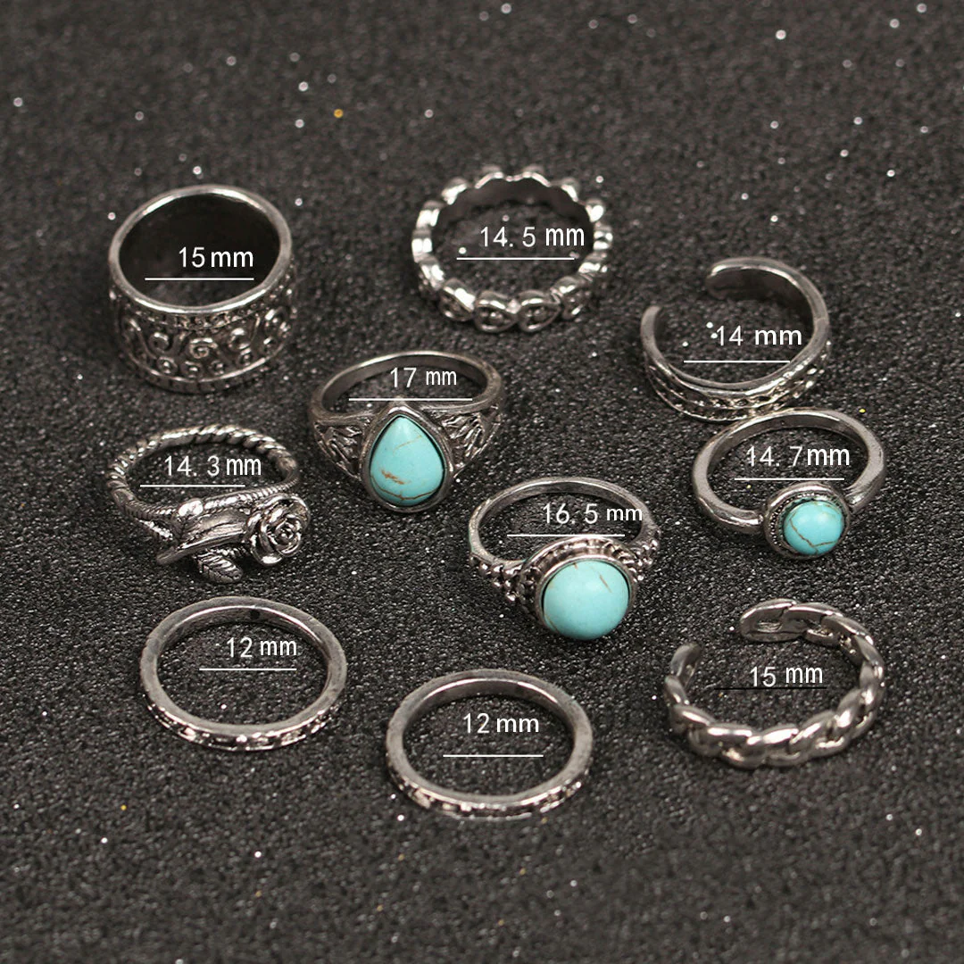 Boho Style Multi Mix Stone Trimmed Embossed Ring Set - Silver - Image 4
