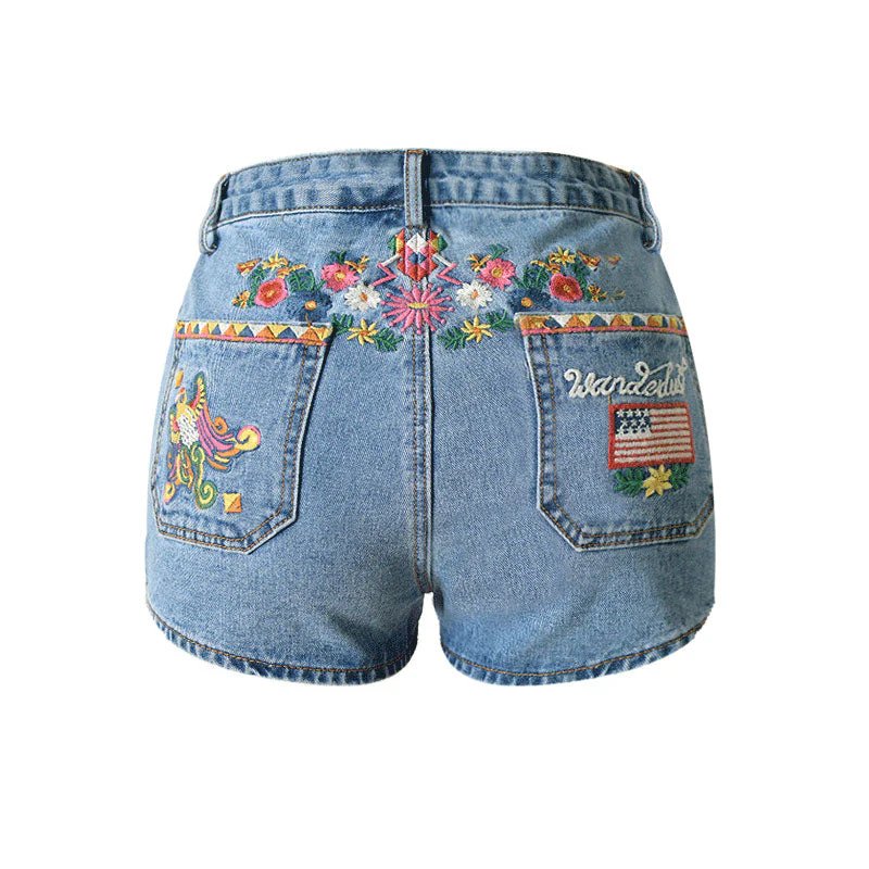 Boho Style Floral Embroidered High Waist Denim Shorts - Blue - Image 4
