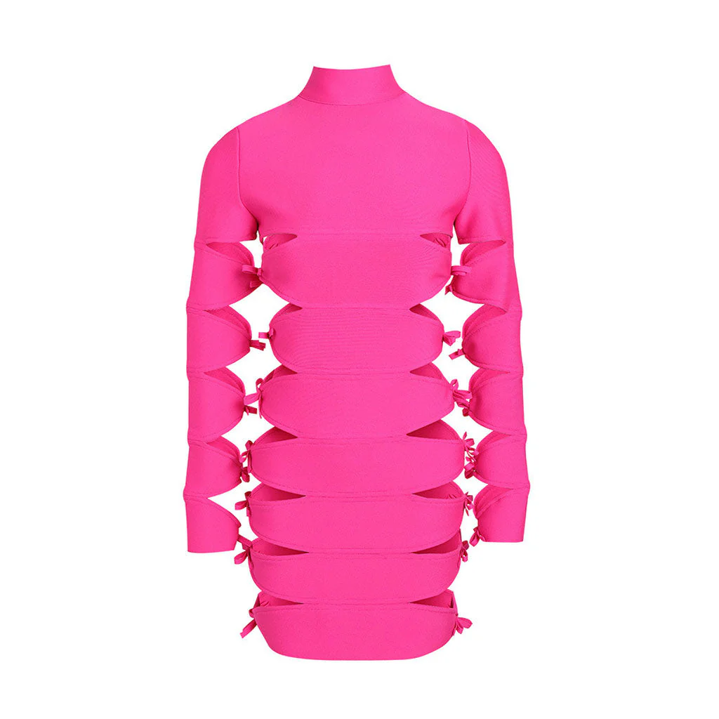 Bold Bow Detail Side CutOut High Neck Long Sleeve Mini Bandage Dress - Fuchsia - Image 2