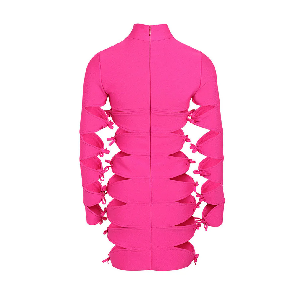 Bold Bow Detail Side CutOut High Neck Long Sleeve Mini Bandage Dress - Fuchsia - Image 3