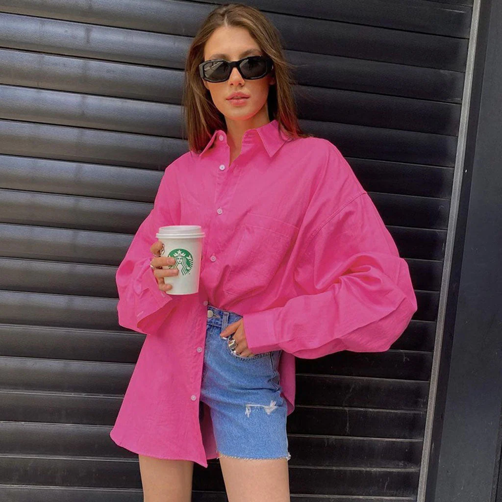 Bold Collared Long Sleeve Button Up Oversized Shirt - Hot Pink