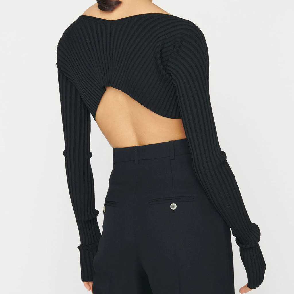 Bold Letter Chain Open Front Long Sleeve Ribbed Crop Cardigan - Black - Image 4