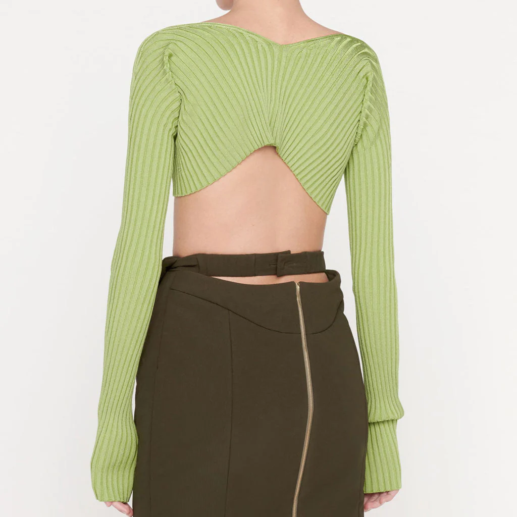 Bold Letter Chain Open Front Long Sleeve Ribbed Crop Cardigan - Green - Image 3