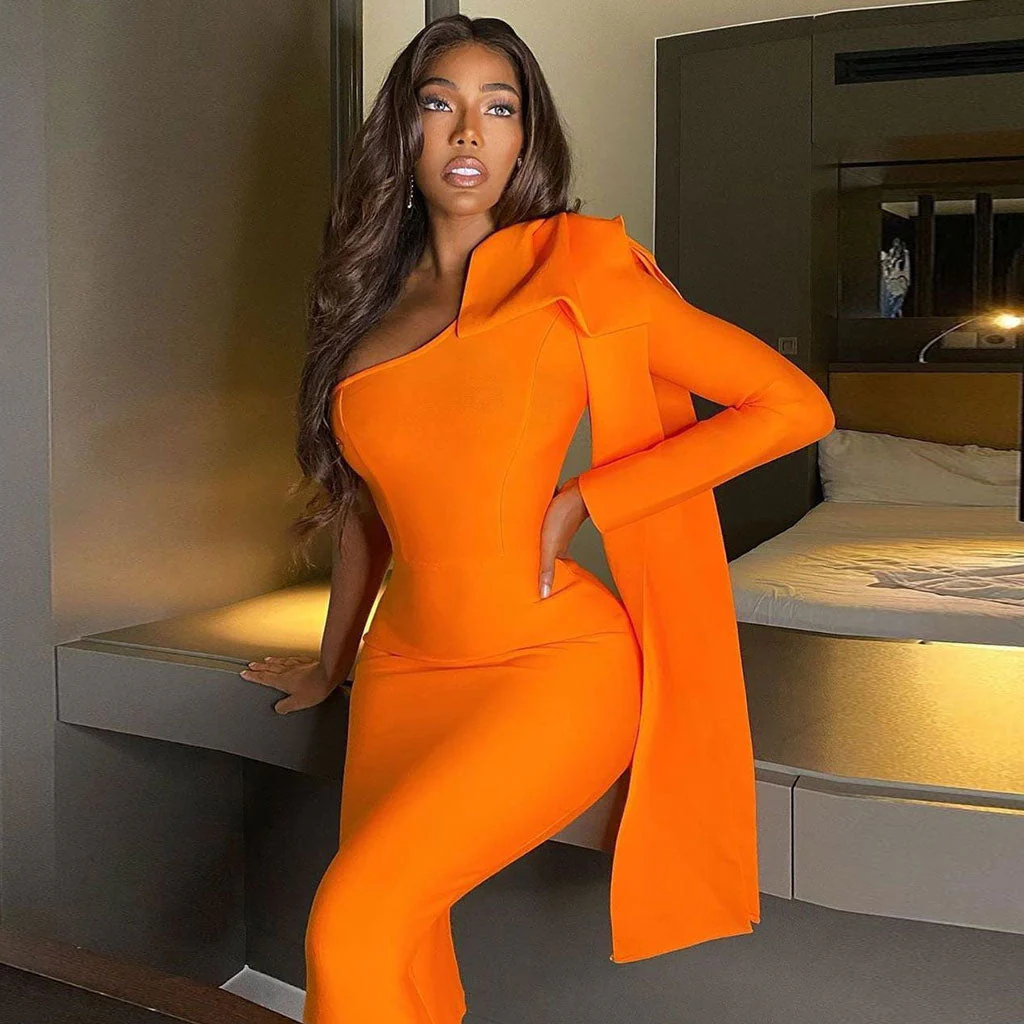 Bowknot One Shoulder Long Sleeve Bodycon Bandage Midi Dress - Burnt Orange - Image 2