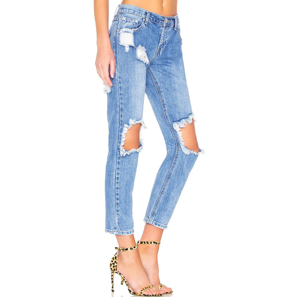 Boyfriend Style Cut Out Faded Frayed Skinny Jeans - Dark Blue - Image 2