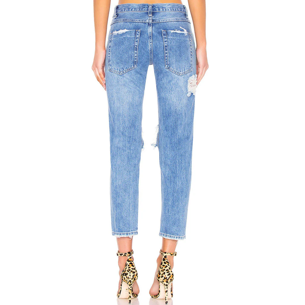 Boyfriend Style Cut Out Faded Frayed Skinny Jeans - Dark Blue - Image 3