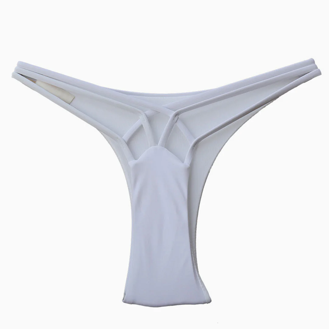 Brazilian Solid Color Cut  Out Crisscross Strappy Bikini Thong Bottom - White - Image 2