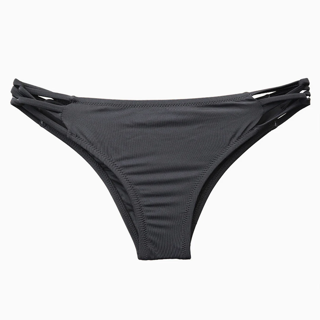 Brazilian Solid Color Crisscross Strappy Side Scrunch Bikini Bottom - Black - Image 3