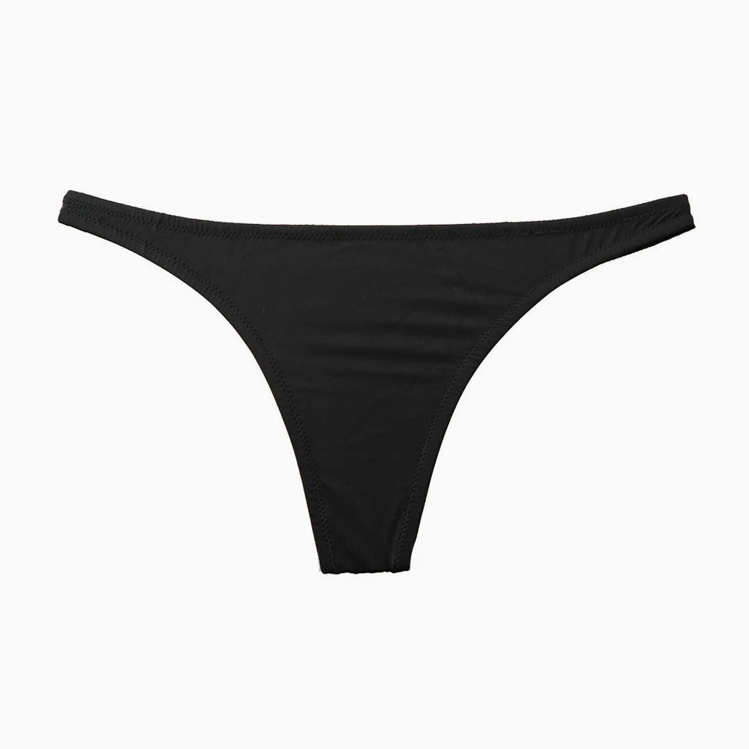 Brazilian Solid Color High Cut Ruched Bikini Thong Bottom - Black - Image 2
