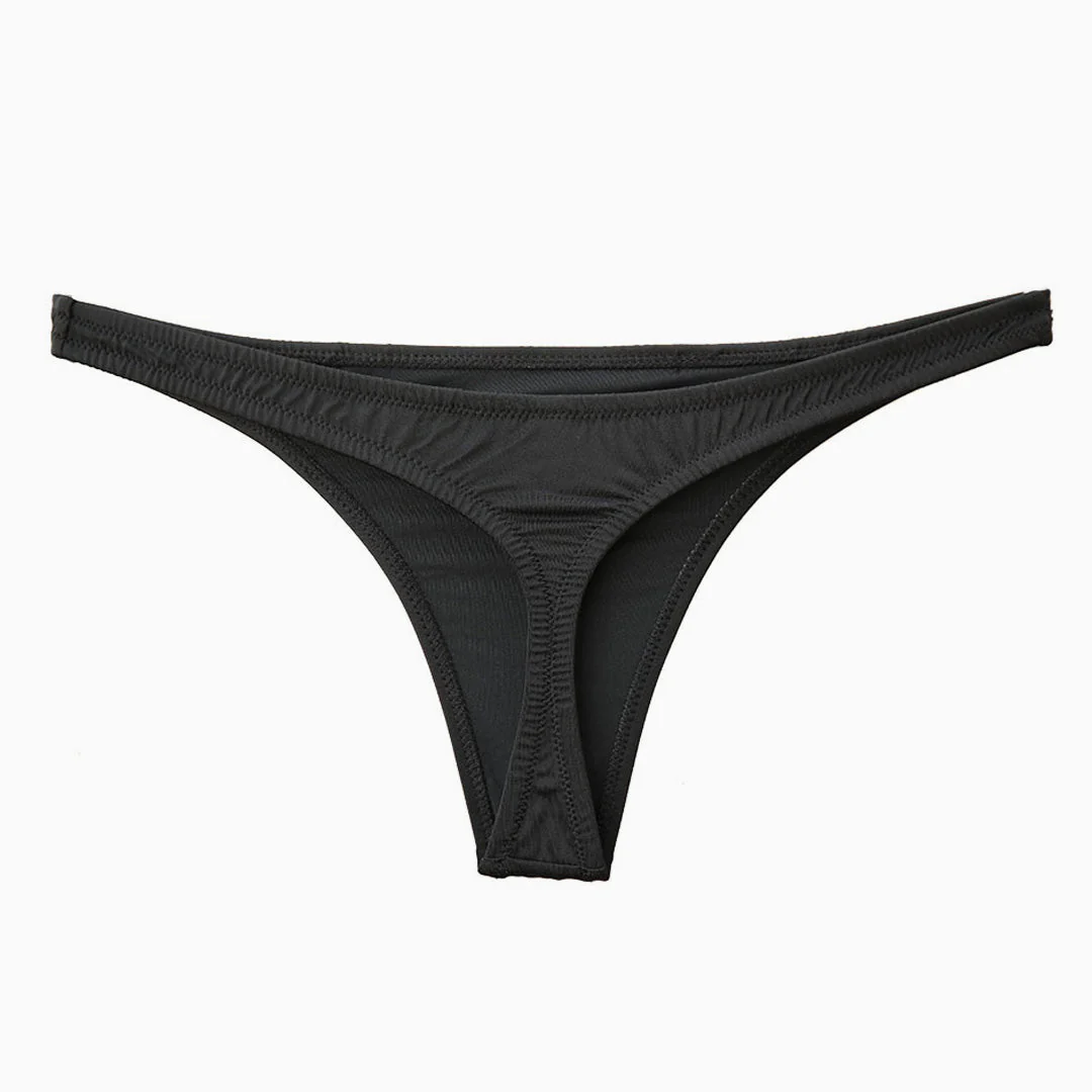 Brazilian Solid Color High Cut Ruched Bikini Thong Bottom - Black - Image 3