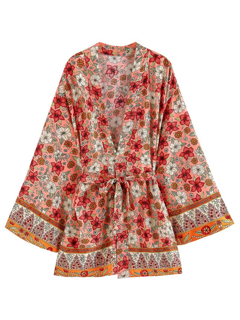 Bridal Wear Floral Print Orange & Black Cotton Short Length Gown Kimono Duster Robe