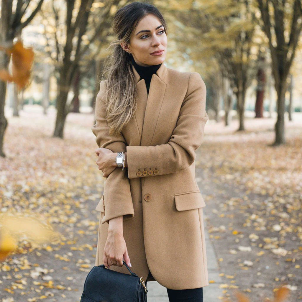British Style Stand Collar V Neck Single Breasted Long Sleeve Trench Coat - Image 4