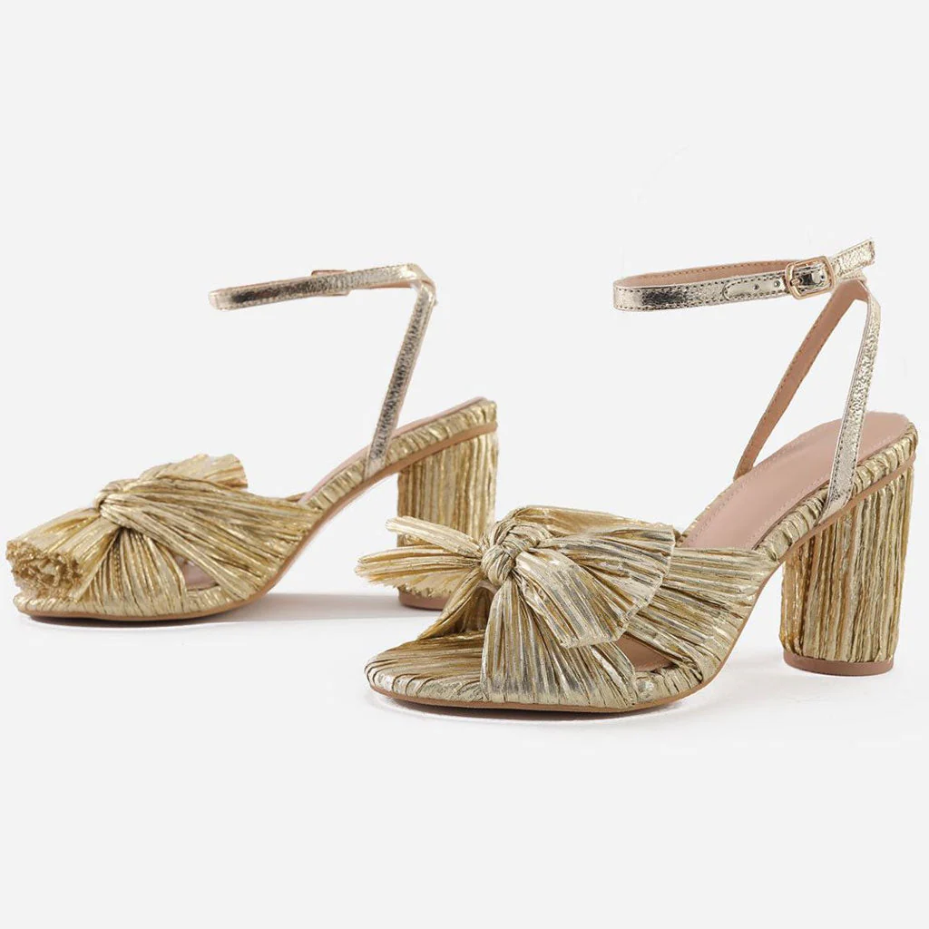 Butterfly Bow Trim Block Heel Peep Toe Pleated Sandals - Gold - Image 3