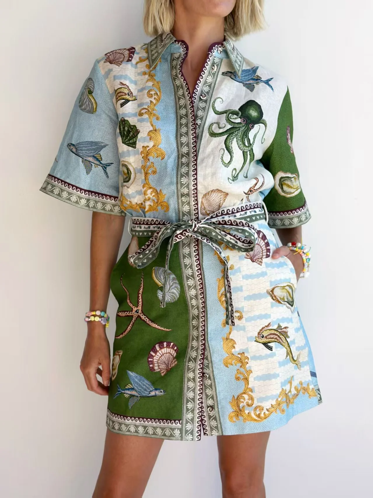 Button-Down Collar Aquatic-Print Dress