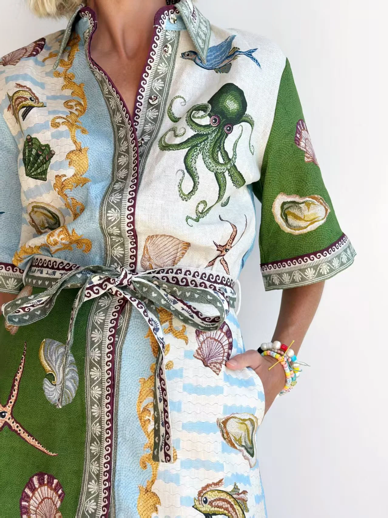 Button-Down Collar Aquatic-Print Dress - Image 3