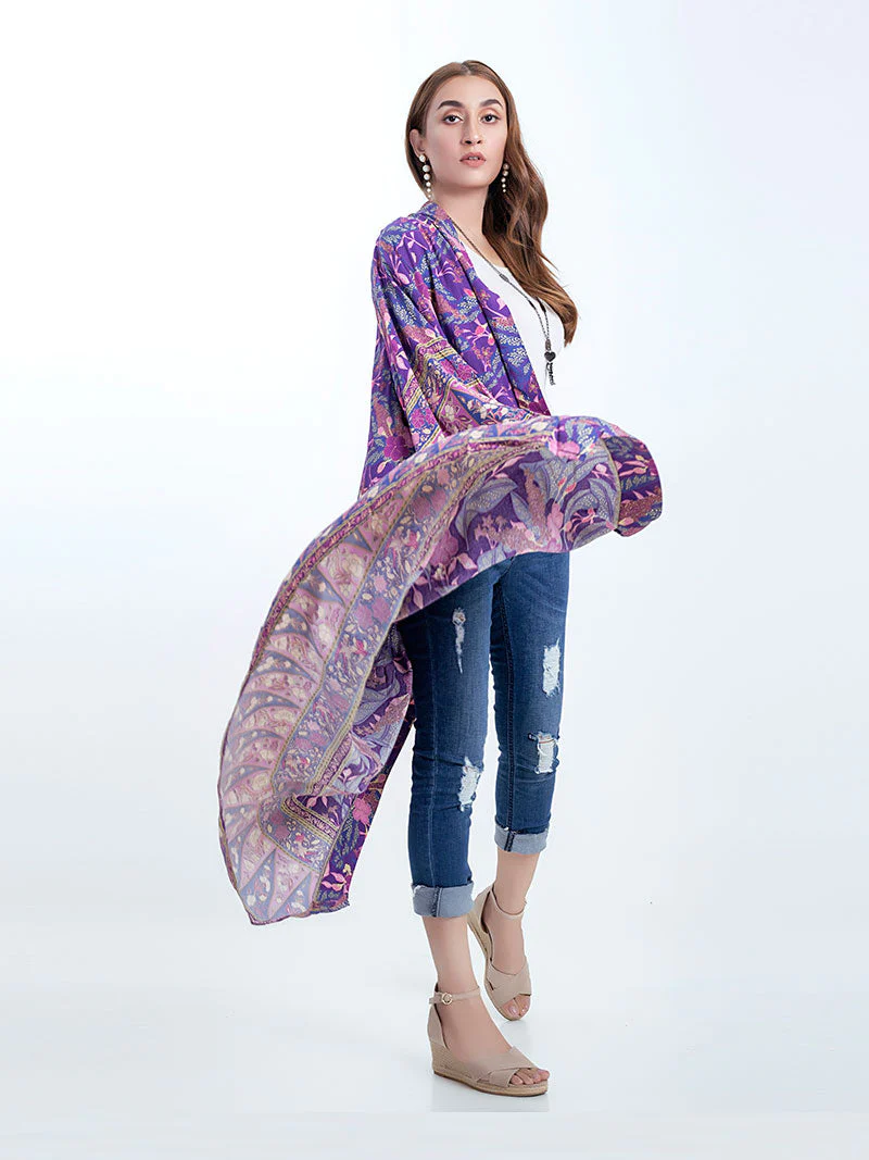 Beachwear & Partywear Floral Print Purple Color Cotton Long Length Gown Kimono Duster Robe - Image 2