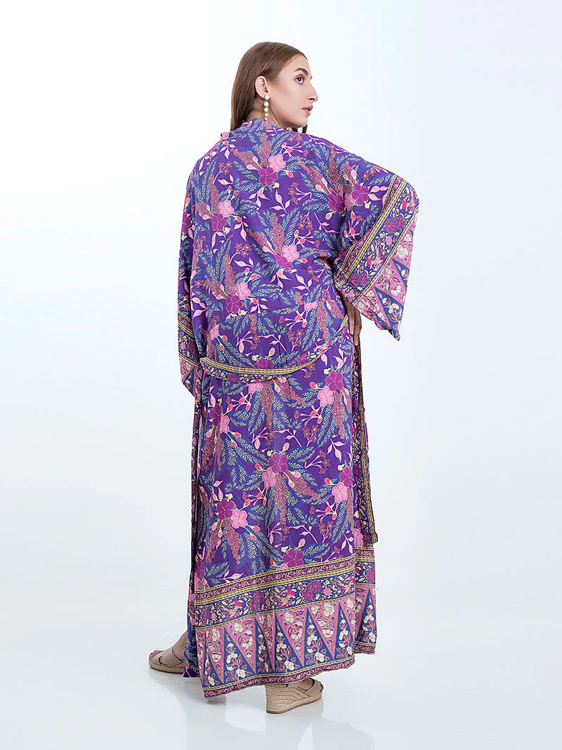 Beachwear & Partywear Floral Print Purple Color Cotton Long Length Gown Kimono Duster Robe - Image 3