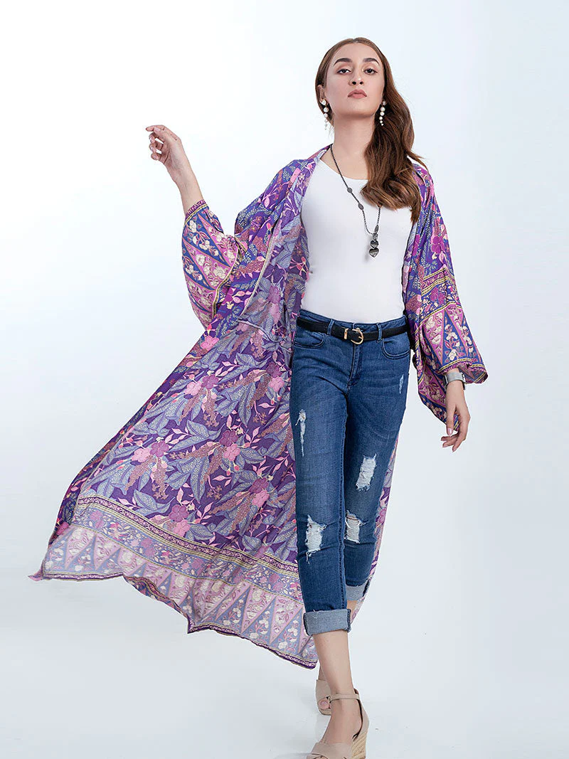 Beachwear & Partywear Floral Print Purple Color Cotton Long Length Gown Kimono Duster Robe - Image 5