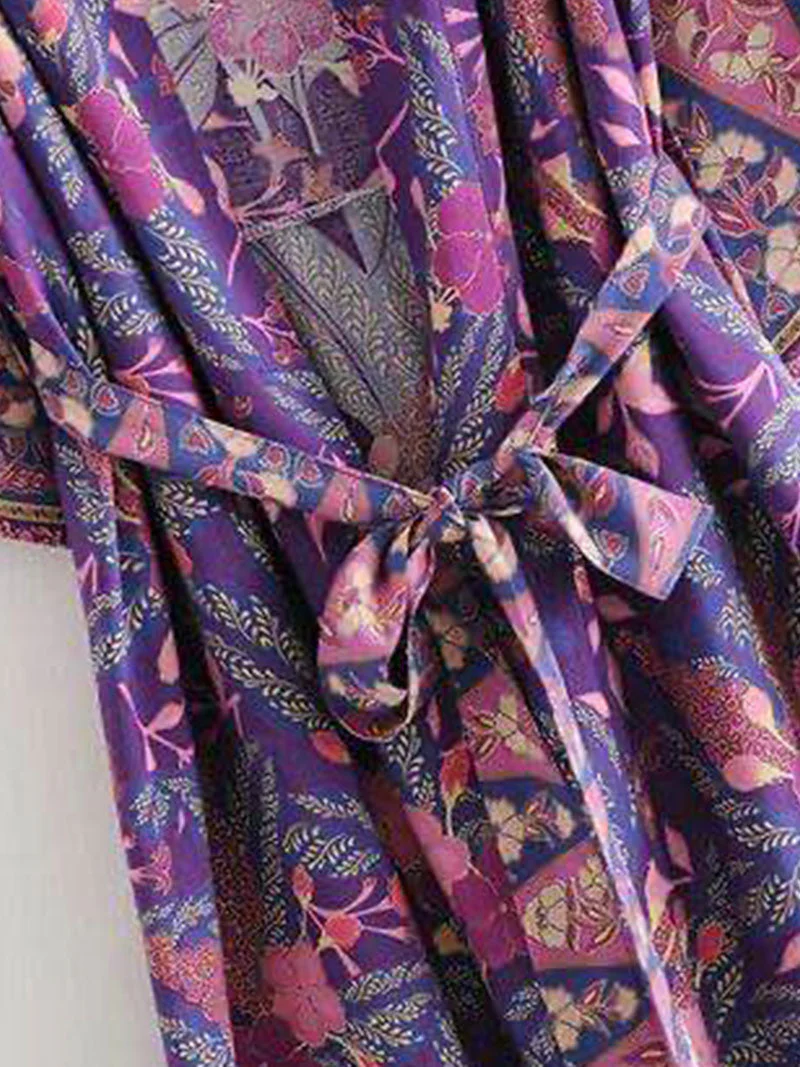 Beachwear & Partywear Floral Print Purple Color Cotton Long Length Gown Kimono Duster Robe - Image 9