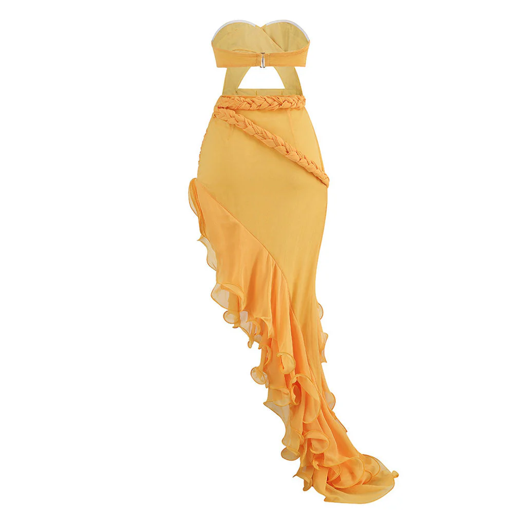 Cascading Ruffle Crossed Bandeau CutOut Braided Waist Asymmetrical Evening Dress - Image 2